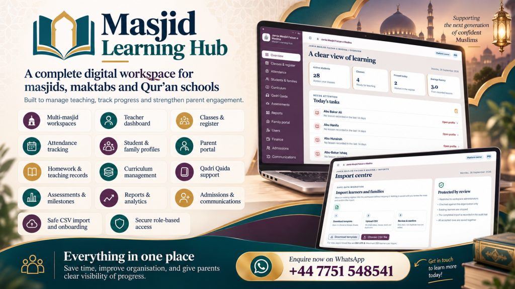 Masjid Learning Hub overview showing register, progress tracking and parent portal screens